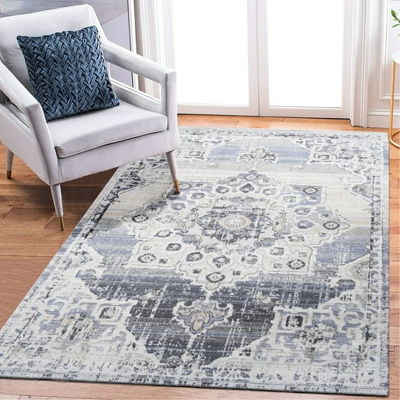 Loom & 8x10 Cream/blue Medallion Area Rug, Non-shedding, Stain-, Fits Multiple Room Decor Styles Stain , Improves Of Living Bedroom Dining Home Office
