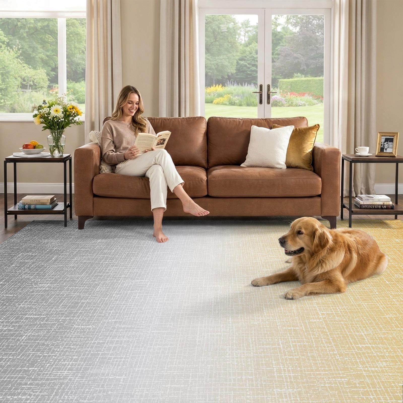 8x10 Area Rug, Yellow Gray Ombre Low Pile Washable Rugs for Living Room ...