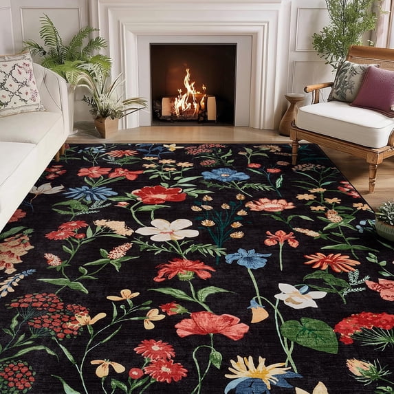8x10 Area Rug for Living Room, Floral Washable Rugs Low Pile, Soft Non Slip Vintage Carpet for Bedroom, Kitchen, Dining Room, Office, Black