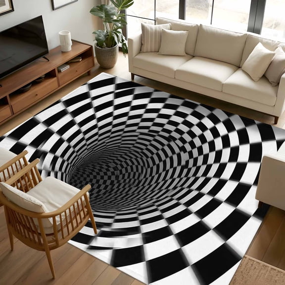 8x10 Area Rugs, 3D Optical Illusion Non-Skid Rubber Backing Large Rectangle Rugs - Living Room Bedroom Home Office, Black White Checkered Plaid Visual Trap Indoor Floor Mat Carpets Washable Rug