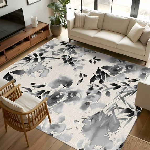8x10 Area Rugs, Black Grey Spring Floral Non-Skid Rubber Backing Large Rectangle Rugs - Living Room Bedroom Home Office, Summer Botanical Watercolor Rustic Indoor Floor Mat Carpets Washable Rug