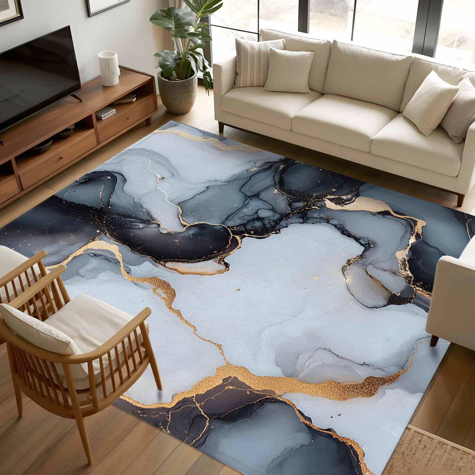 8x10 Area Rugs, Black Marble Non-Skid Rubber Backing Large Rectangle ...