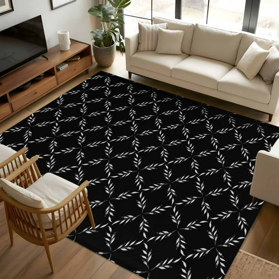 8x10 Area Rugs Black Morocco Non-Skid Rubber Backing Large Rectangle Rugs - Living Room Bedroom Home Office, Geometric Leaf Diamond Lattice Abstract Indoor Floor Mat Carpets Washable Rug
