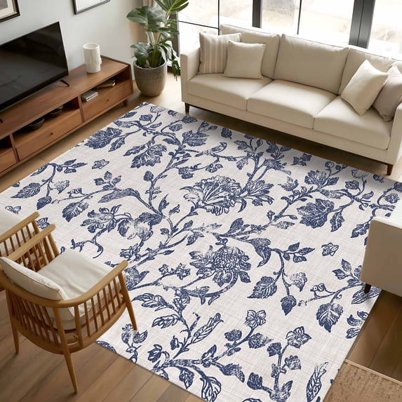 8x10 Area Rugs, Blue Floral Leaf Non-Skid Rubber Backing Large Rectangle Rugs - Living Room Bedroom Home Office, Retro Farmhouse Plant Tree Branch Indoor Floor Mat Carpets Washable Rug