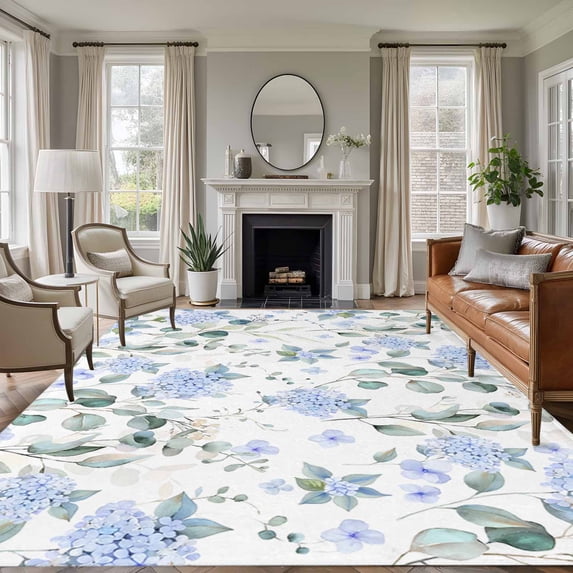 8x10 Area Rugs, Blue Flower Non-Skid Rubber Backing Large Rectangle Rugs - Living Room Bedroom Home Office, Sage Green Eucalyptus Leaf Farmhouse Country Indoor Floor Mat Carpets Washable Rug