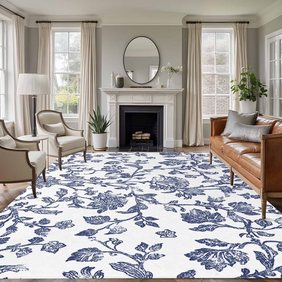 8x10 Area Rugs, Blue Flower Non-Skid Rubber Backing Large Rectangle Rugs - Living Room Bedroom Home Office, Spring Leaf Vintage Farmhouse Boho Plant Indoor Floor Mat Carpets Washable Rug