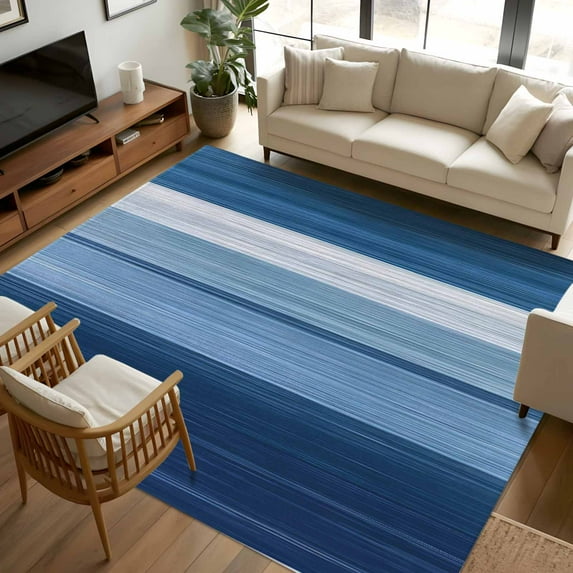 8x10 Area Rugs, Blue Ombre Stripe Non-Skid Rubber Backing Large Rectangle Rugs - Living Room Bedroom Home Office, Farmhouse Striped Modern Abstract Art Indoor Floor Mat Carpets Washable Rug