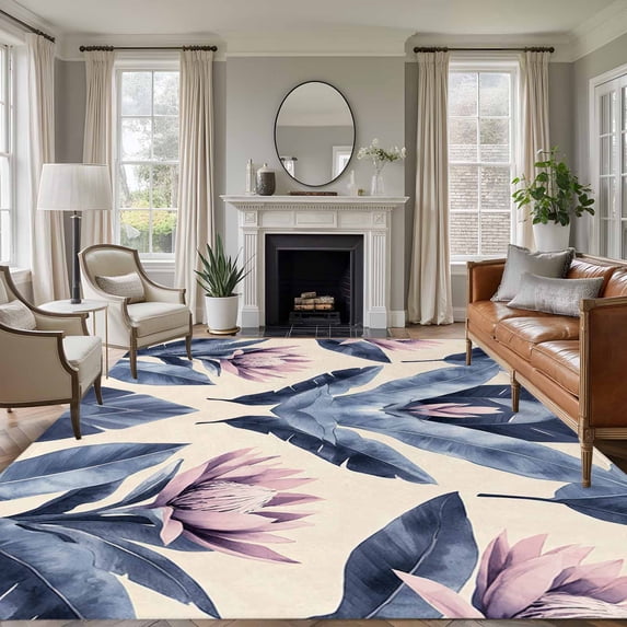 8x10 Area Rugs, Blue Pink Purple Floral Non-Skid Rubber Backing Large Rectangle Rugs - Living Room Bedroom Home Office, Blooms Botanical Oil Painting Indoor Floor Mat Carpets Washable Rug