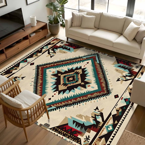 8x10 Area Rugs Boho Red Teal Brown Non-Skid Rubber Backing Large Rectangle Rugs - Living Room Bedroom Home Office, Southwestern Vintage Geometric Indoor Floor Mat Carpets Washable Rug