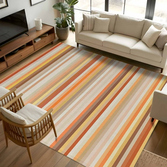8x10 Area Rugs Burnt Orange Striped Non-Skid Rubber Backing Large Rectangle Rugs - Living Room Bedroom Home Office, Farmhouse Orange Ombre Stripes Indoor Floor Mat Carpets Washable Rug