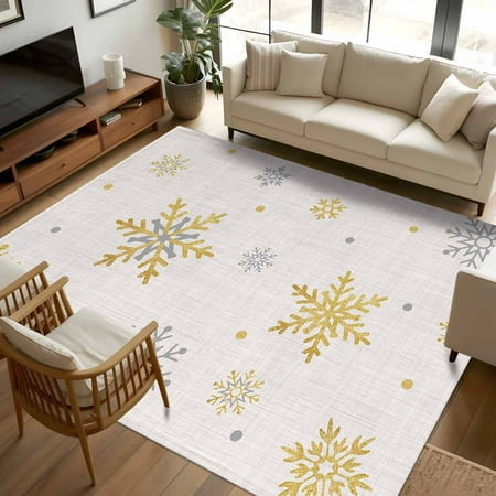 8x10 Area Rugs, Christmas Non-Skid Rubber Backing Large Rectangle Rugs - Living Room Bedroom Home Office, Yellow Grey Winter Snowflake Rustic Indoor Floor Mat Carpets Washable Rug