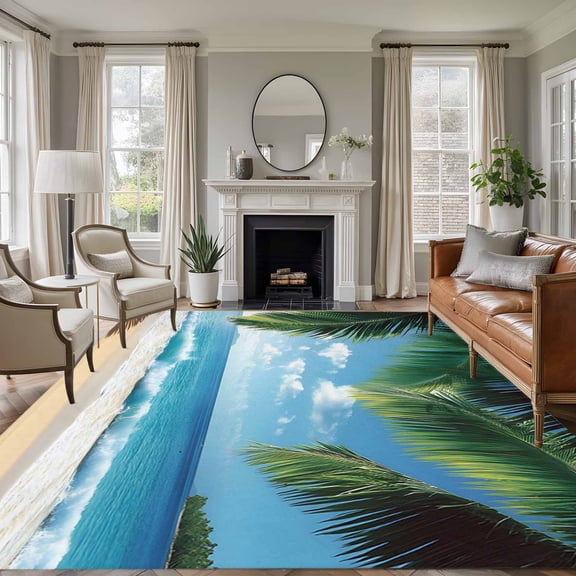 8x10 Area Rugs, Coastal Ocean Non-Skid Rubber Backing Large Rectangle Rugs - Living Room Bedroom Home Office, Sandy Beach Coconut Tree Blue Sky Scenery Indoor Floor Mat Carpets Washable Rug