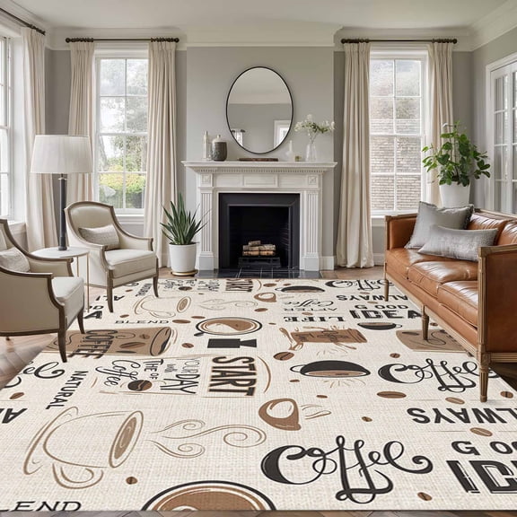 8x10 Area Rugs, Coffee Non-Skid Rubber Backing Large Rectangle Rugs - Living Room Bedroom Home Office, Brown Beans Cup Dessert Drink Monochrome Indoor Floor Mat Carpets Washable Rug