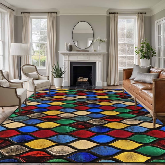 8x10 Area Rugs, Colorful Morocco Non-Skid Rubber Backing Large Rectangle Rugs - Living Room Bedroom Home Office, Modern Geometric Abstract Art Indoor Floor Mat Carpets Washable Rug