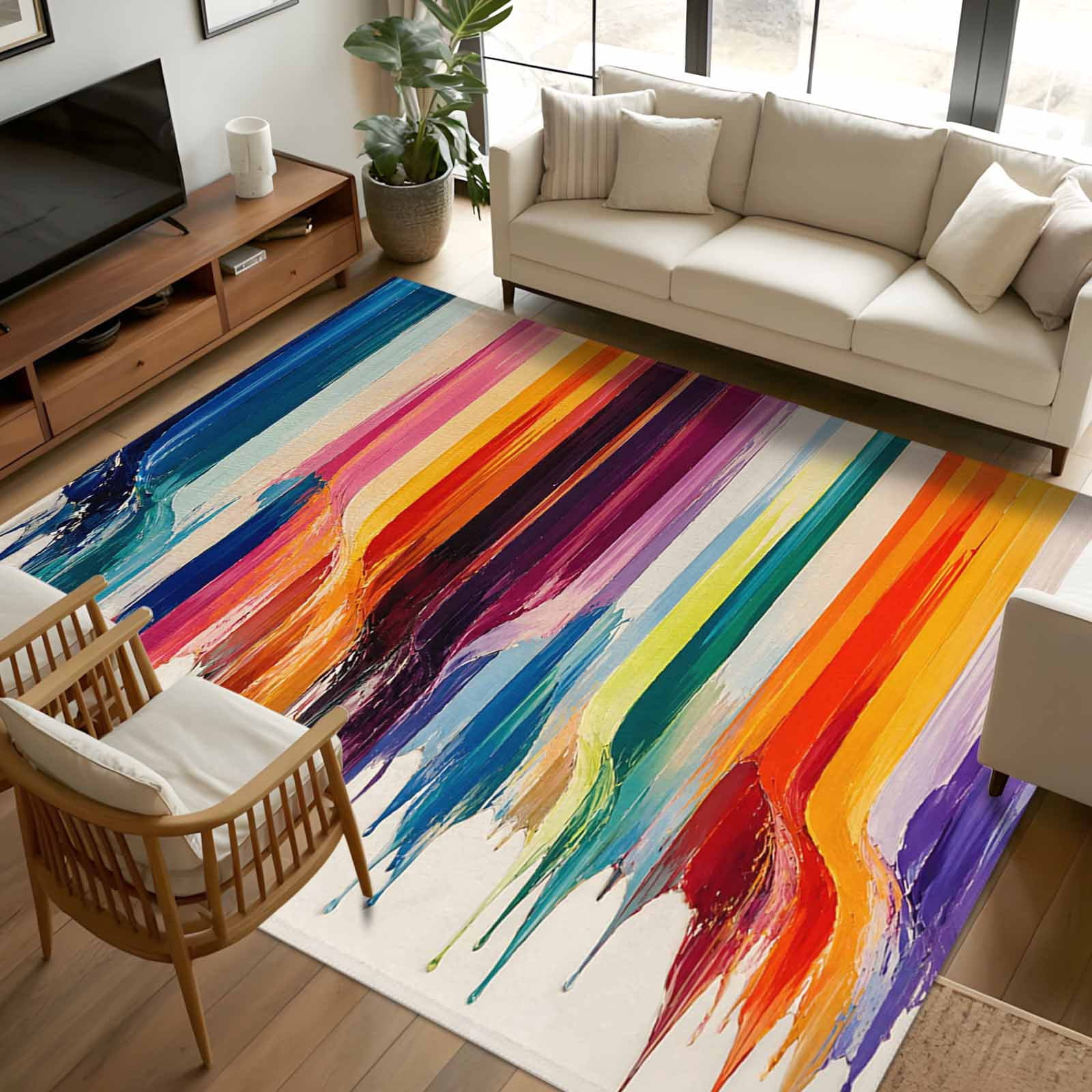 Blue Red Office Rug 8x10 Area Rugs, Colorful Oil Painting Non-Skid Rubber Backing Large ...