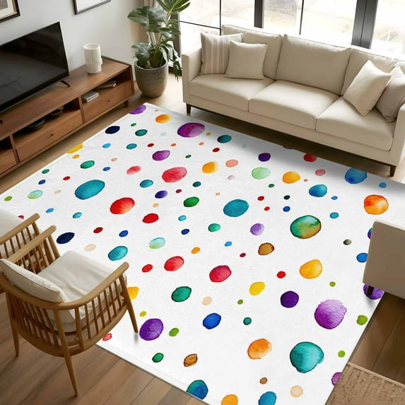 8x10 Area Rugs, Colorful Polka Dot Non-Skid Rubber Backing Large Rectangle Rugs - Living Room Bedroom Home Office, Rainbow Color Polka Dots Abstract Indoor Floor Mat Carpets Washable Rug