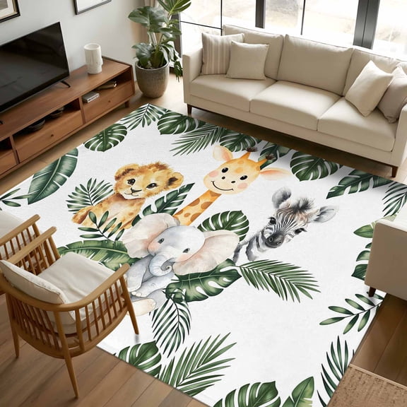 8x10 Area Rugs, Elephant Giraffe Lion Non-Skid Rubber Backing Large Rectangle Rugs - Living Room Bedroom Home Office, Eucalyptus Leaves Cute Animals Indoor Floor Mat Carpets Washable Rug