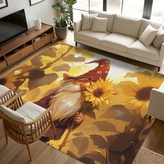 8x10 Area Rugs Fall Sunflowers Gnomes Non-Skid Rubber Backing Large Rectangle Rugs - Living Room Bedroom Home Office, Autumn Floral Botanical Indoor Floor Mat Carpets Washable Rug