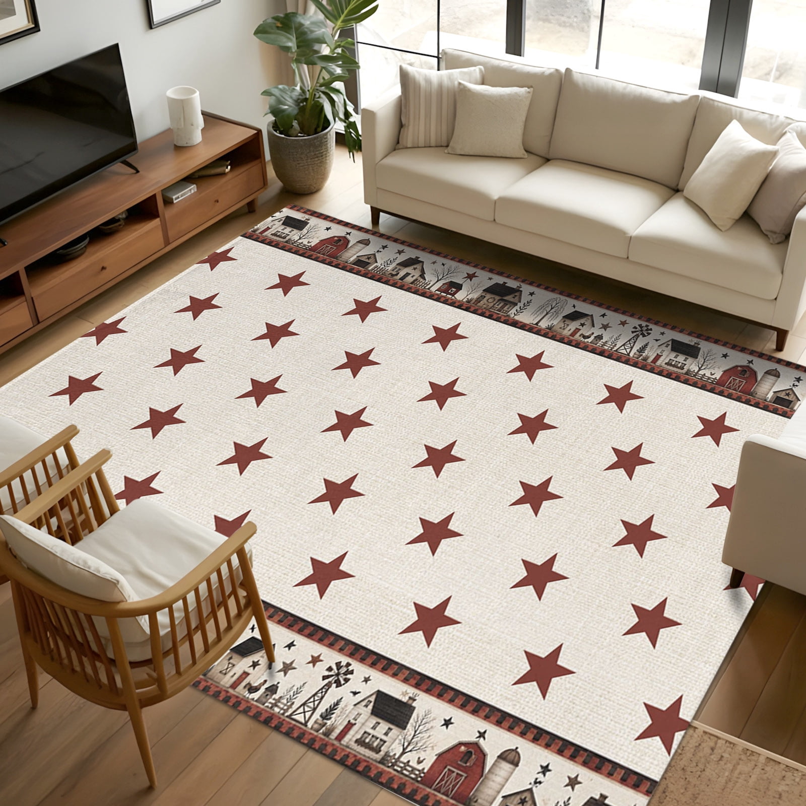 Large Recctangle Rugs 8x10 Area Rugs, Farmhouse Star Brown Non-Skid Rubber Backing Large ...