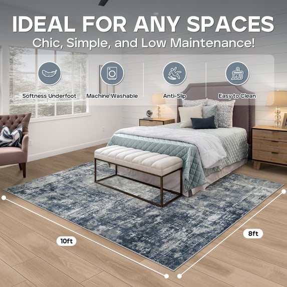 8x10 Area Rugs For Living Room Rug Washable: Modern Large Dining Bedroom Carpet Non Slip 8 By 10 Indoor Abstract Home Office Blue Grey