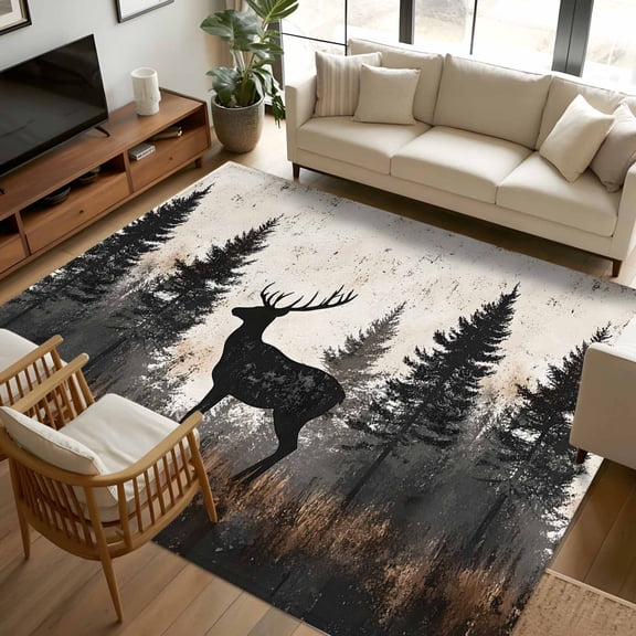 8x10 Area Rugs Forest Elk Non-Skid Rubber Backing Large Rectangle Rugs - Living Room Bedroom Home Office, Rustic Nature Tree Retro Deer Silhouette Indoor Floor Mat Carpets Washable Rug