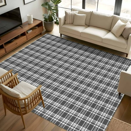 8x10 Area Rugs, Geometric Lattice, Non-Skid Rubber Backing Large Rectangle Rugs - Living Room Bedroom Home Office, Black Grey Classic Farmhouse Plaid Indoor Floor Mat Carpets Washable Rug