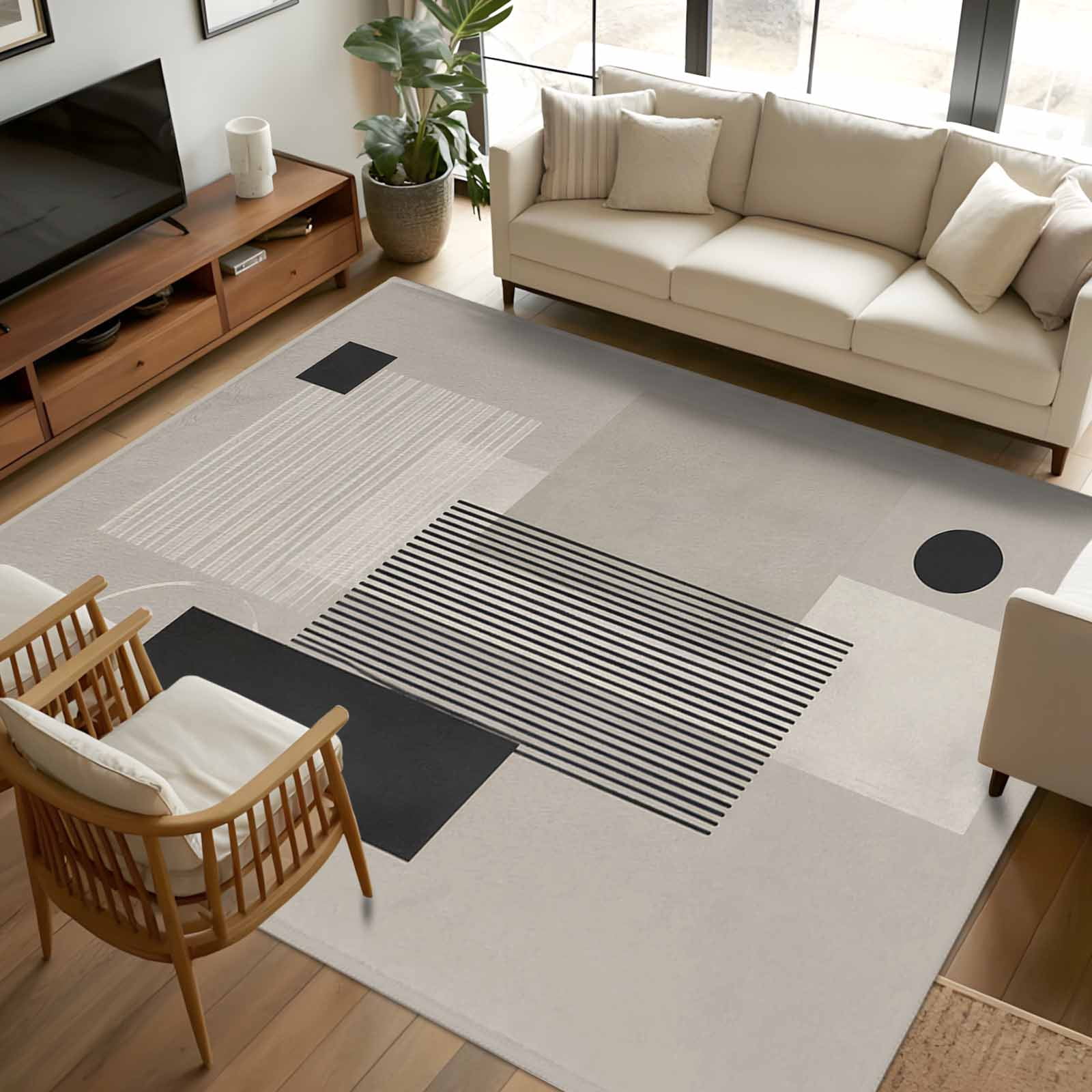 Plain Rectangular Rugs 8x10 Area Rugs, Geometric Lines Non-Skid Rubber Backing Large Rectangle ...