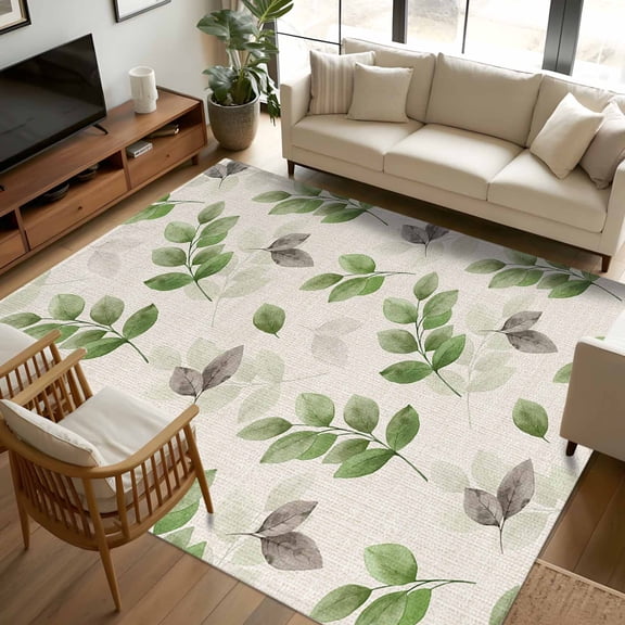 8x10 Area Rugs, Green Botanical Fall Non-Skid Rubber Backing Large Rectangle Rugs - Living Room Bedroom Home Office, Pastoral Maple Leaf Autumn Rustic Indoor Floor Mat Carpets Washable Rug