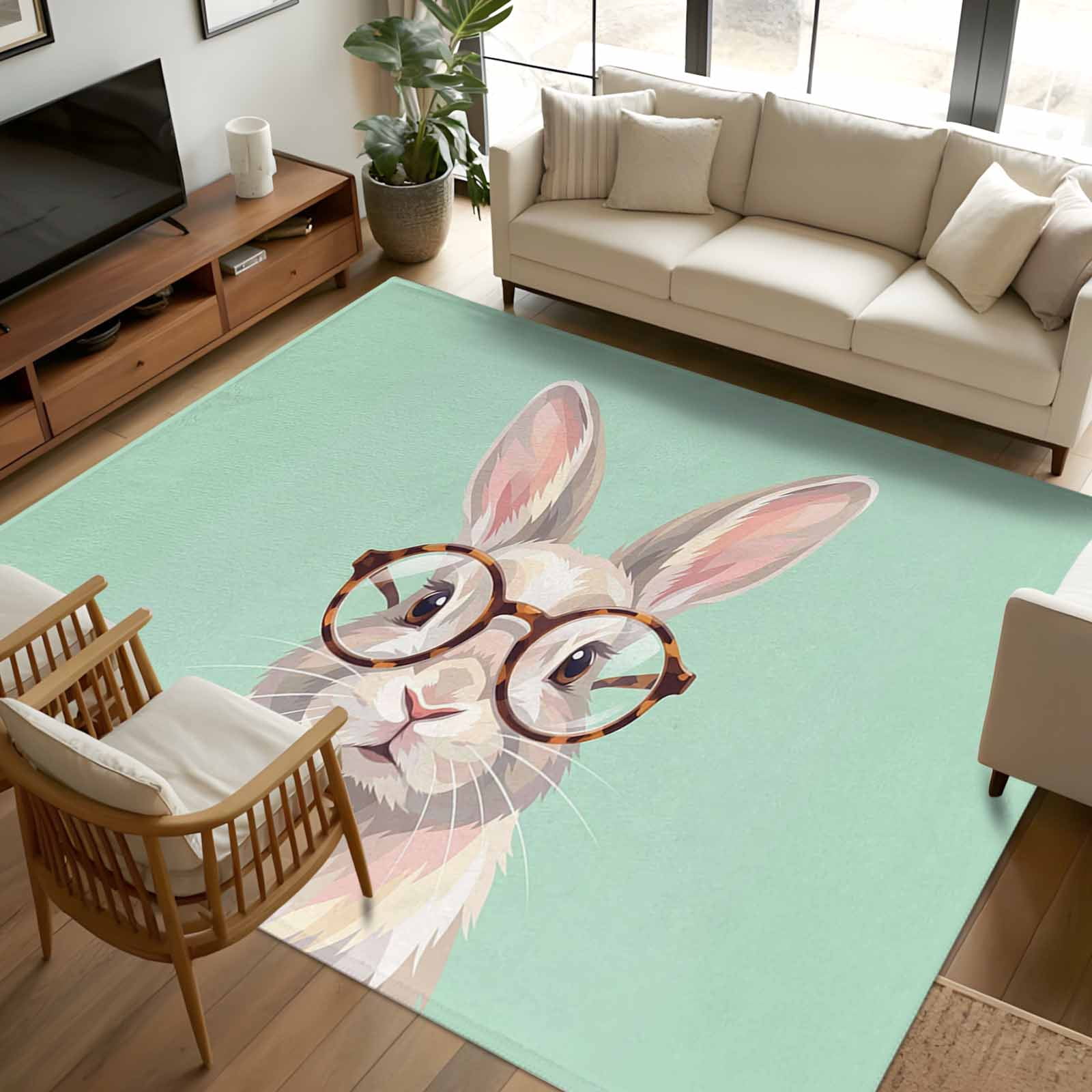 Fun Green Rug 8x10 Area Rugs, Green Cute Bunny Non-Skid Rubber Backing Large ...