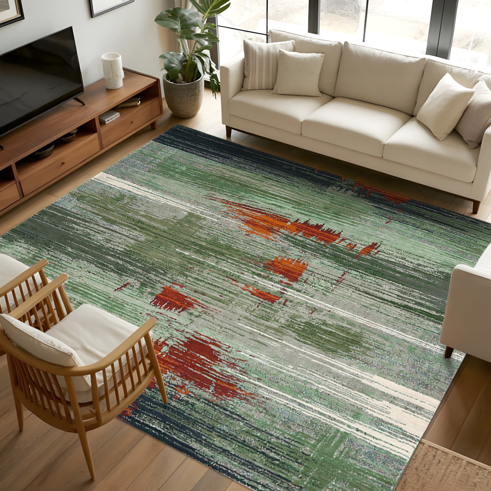 8x10 Area Rugs, Green Grey Red Non-Skid Rubber Backing Large Rectangle ...
