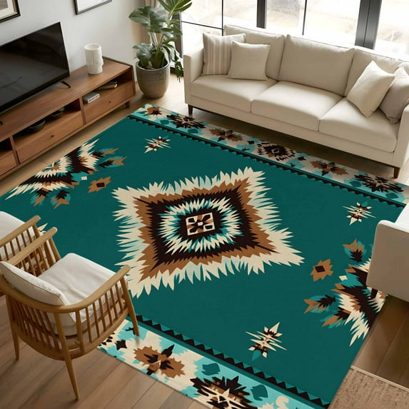 8x10 Area Rugs Green Southwestern Non-Skid Rubber Backing Large Rectangle Rugs - Living Room Bedroom Home Office, Boho Ethnic Geometric Retro Indoor Floor Mat Carpets Washable Rug