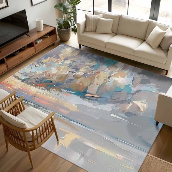 8x10 Area Rugs, Grey Blue Coastal Non-Skid Rubber Backing Large ...