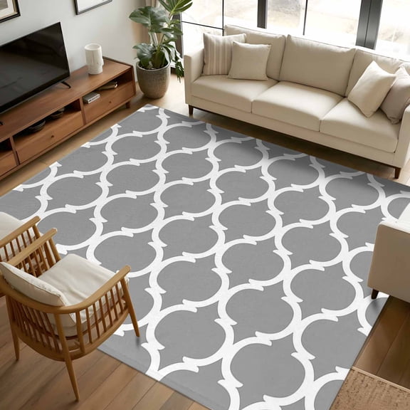8x10 Area Rugs, Grey Morocco Plaid, Non-Skid Rubber Backing Large Rectangle Rugs - Living Room Bedroom Home Office, Abstract Indoor Floor Mat Carpets Washable Rug