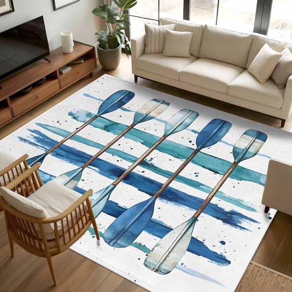 8x10 Area Rugs, Lake Paddles Non-Skid Rubber Backing Large Rectangle Rugs - Living Room Bedroom Home Office, Summer Watercolor Teal Blue Striped Indoor Floor Mat Carpets Washable Rug