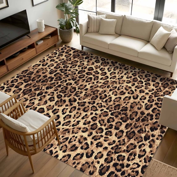 8x10 Area Rugs, Leopard Printed Non-Skid Rubber Backing Large Rectangle Rugs - Living Room Bedroom Home Office, Modern Animals Textured Brown Indoor Floor Mat Carpets Washable Rug