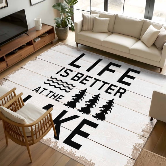 8x10 Area Rugs, Life Is Better at The Lake Non-Skid Rubber Backing Large Rectangle Rugs - Living Room Bedroom Home Office, Rustic Black Artistic Aesthetics Indoor Floor Mat Carpets Washable Rug