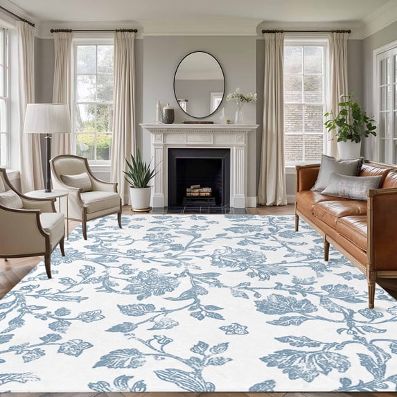 8x10 Area Rugs, Light Blue Flower Non-Skid Rubber Backing Large Rectangle Rugs - Living Room Bedroom Home Office, Vintage Farmhouse Boho Leaf Spring Indoor Floor Mat Carpets Washable Rug