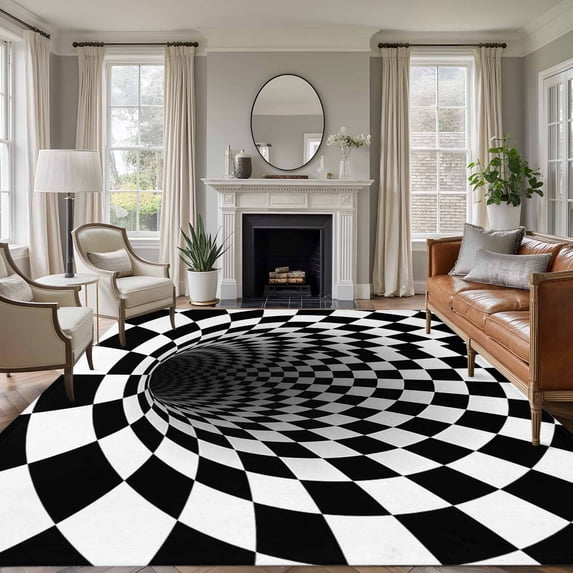 8x10 Area Rugs for Living Room, 3D Optical Illusion Non Slip Area Rugs for Kitchen Bedroom Entryway, Black White Checkered Gingham Plaid Vortex Washable Carpet Runner Rug Floor Mats for Bedroom