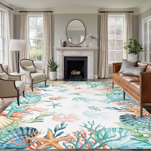 8x10 Area Rugs for Living Room, Beach Coastal Non Slip Area Rugs for Kitchen Bedroom Entryway, Summer Coral Starfish Nautical Ocean Washable Carpet Runner Rug Floor Mats for Bedroom Home Decor