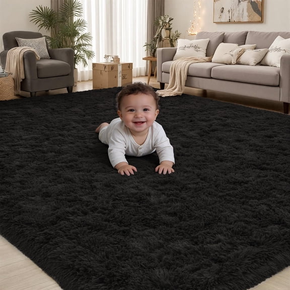 8x10 Area Rugs for Living Room Bedroom: Black Grey Soft Fluffy Shag Upgrade Non-Slip High Pile Carpet Large Fuzzy Plush Indoor Floor Decor Shaggy Rug for Kid Boys Girls Playroom Nursery Modern Home