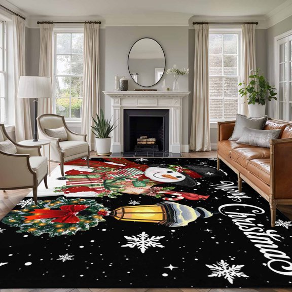 8x10 Area Rugs for Living Room, Black Christmas Non Slip Area Rugs for Kitchen Bedroom Entryway, Snowman Gifts Xmas Snowflake Winter Washable Carpet Runner Rug Floor Mats for Bedroom Home Decor