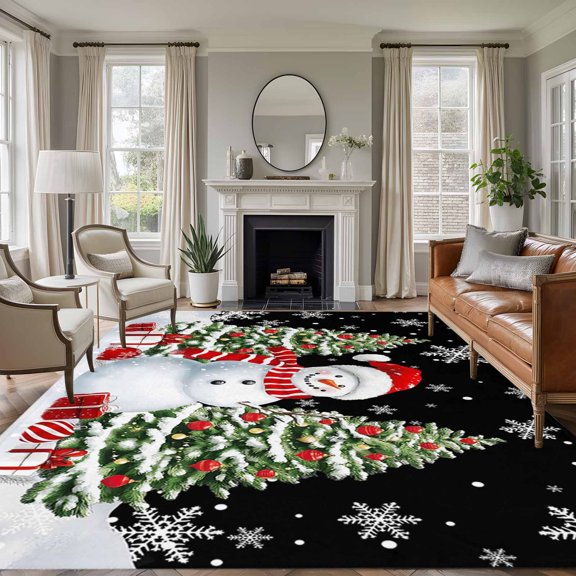 8x10 Area Rugs for Living Room, Black Christmas Non Slip Area Rugs for Kitchen Bedroom Entryway, Snowman Snowflake Xmas Tree Gifts Washable Carpet Runner Rug Floor Mats for Bedroom Home Decor