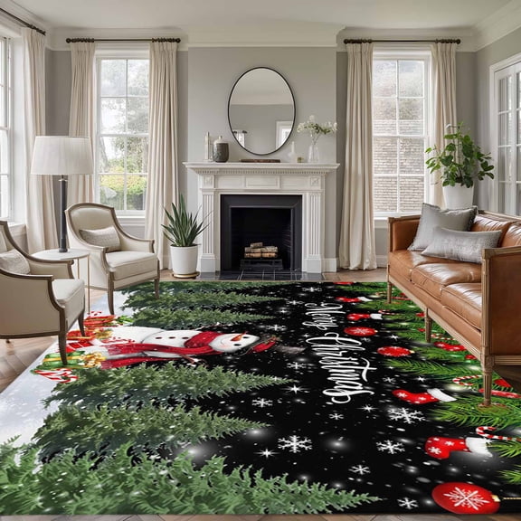 8x10 Area Rugs for Living Room, Black Christmas Non Slip Area Rugs for Kitchen Bedroom Entryway, Xmas Tree Ball Snowflake Winter Gifts Washable Carpet Runner Rug Floor Mats for Bedroom Home Decor