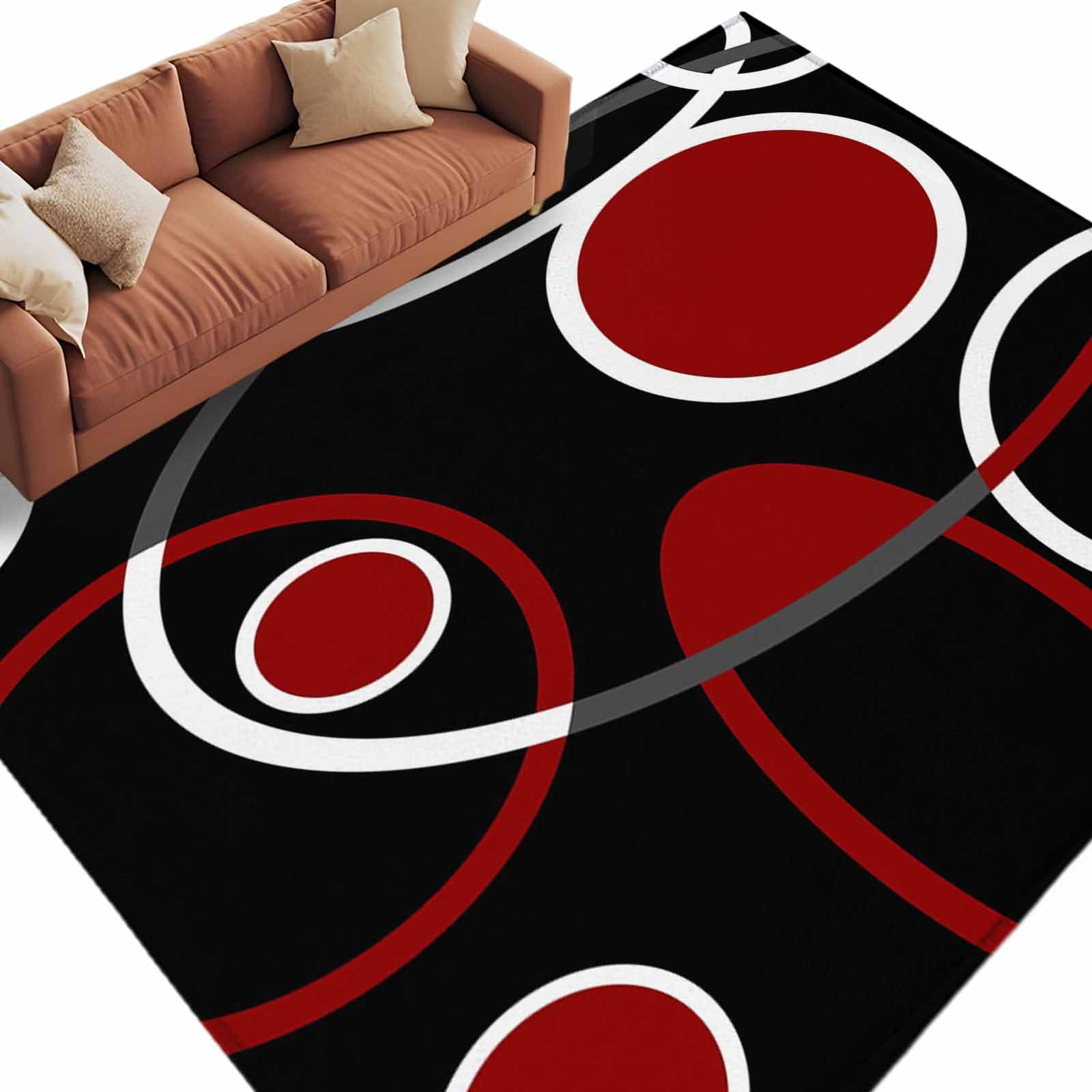 8x10 Area Rugs for Living Room, Black Red Non Slip Area Rugs for Kitchen Bedroom Entryway, White Circle Geometric Abstract Texture Washable Carpet Runner Rug Floor Mats for Bedroom Home Decor