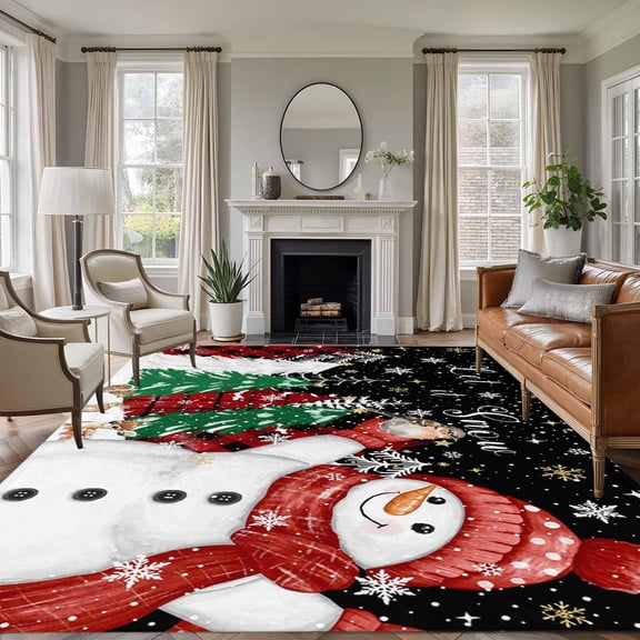 8x10 Area Rugs for Living Room, Black Snowman Christmas Non Slip Area Rugs for Kitchen Bedroom Entryway, Snowflake Xmas Tree Winter Elk Washable Carpet Runner Rug Floor Mats for Bedroom Home Decor