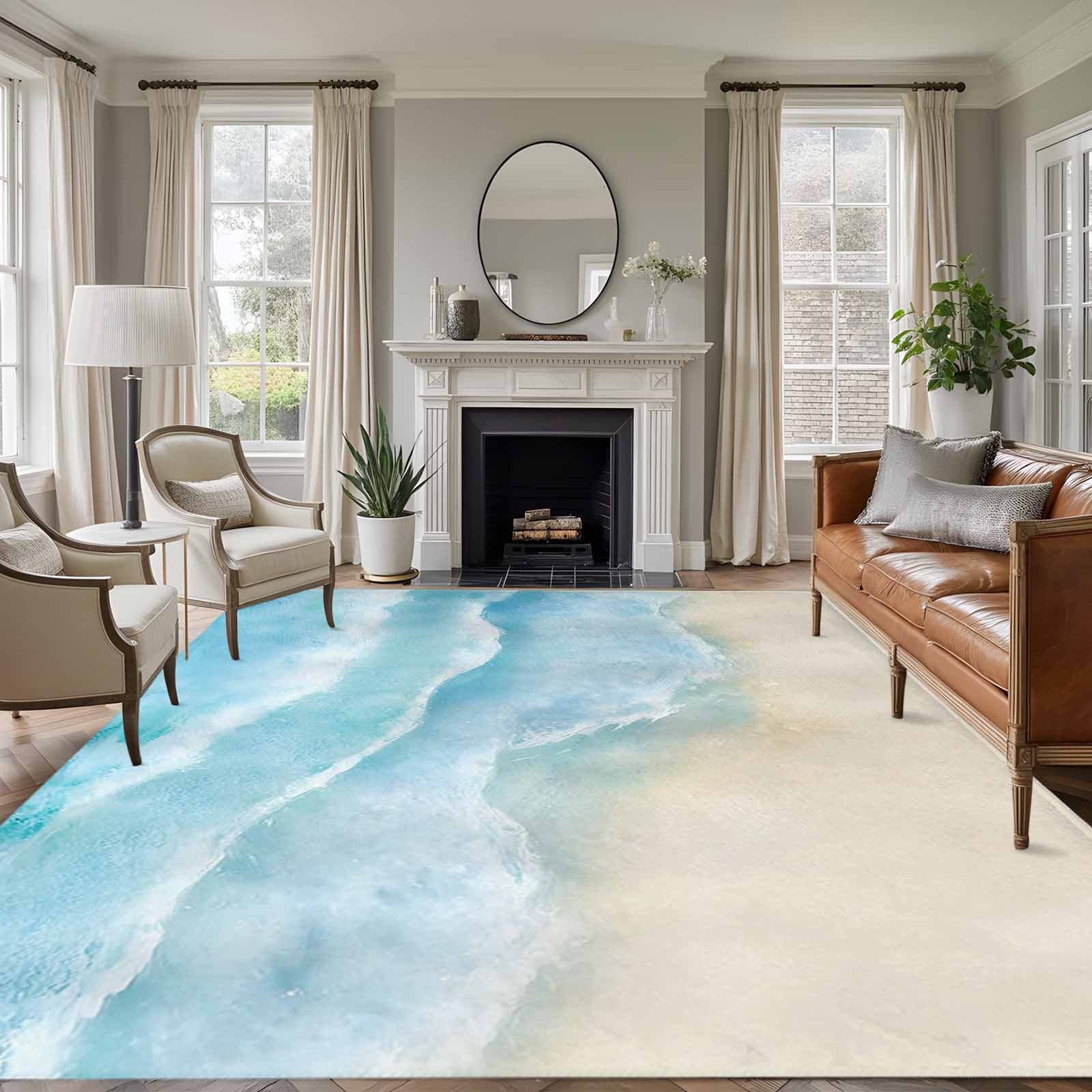 8x10 Area Rugs for Living Room, Blue Beige Non Slip Area Rugs for Kitchen Bedroom Entryway, Summer Beach Washable Carpet Runner Rug Floor Mats for Bedroom Home Decor Coastal Nautical Ocean