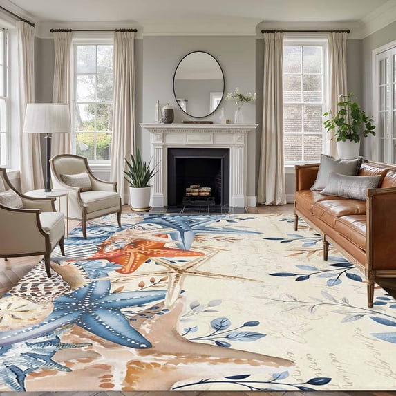 8x10 Area Rugs for Living Room, Blue Coastal Non Slip Area Rugs for Kitchen Bedroom Entryway, Summer Beach Starfish Weeping Eucalyptus Retro Washable Carpet Runner Rug Floor Mats for Bedroom
