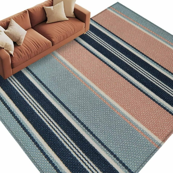 8x10 Area Rugs for Living Room, Blue Pink Striped Non Slip Area Rugs for Kitchen Bedroom Entryway, Farmhouse Modern Stripes Washable Carpet Runner Rug Floor Mats for Bedroom Home Decor