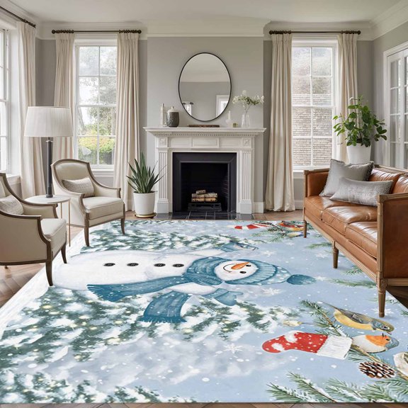 8x10 Area Rugs for Living Room, Blue Snowman Christmas Non Slip Area Rugs for Kitchen Bedroom Entryway, Snowflake Winter Xmas Tree Washable Carpet Runner Rug Floor Mats for Bedroom Home Decor