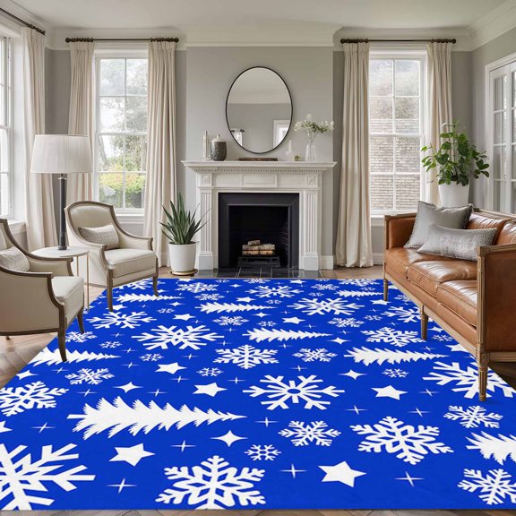 8x10 Area Rugs for Living Room, Blue White Christmas Non Slip Area Rugs for Kitchen Bedroom Entryway, Xmas Tree Snowflake Winter Abstract Washable Carpet Runner Rug Floor Mats for Bedroom Home Decor